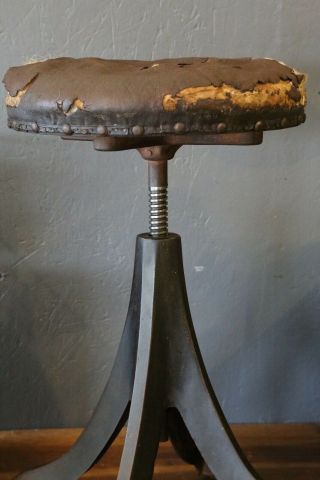 Antique Archer Mfg Co.  Cast Iron Stool Dental Barber Chair Leather seat RARE old 3