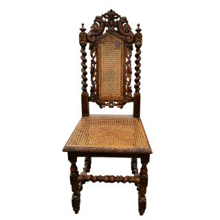 Antique English Barley Twist Victorian Oak Caned Chair W/ Peacock Carved Motif