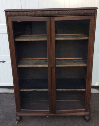 Antique Mahogany Two Door Bookcase With Key And 3 Shelves