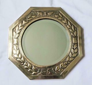 Antique Arts & Crafts Hexagonal Hammered Brass Mirror 