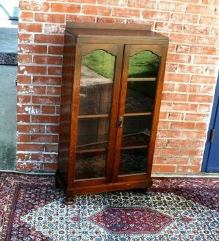 English Oak Arts & Crafts Two Glass Door Bookcase / Display Cabinet 2