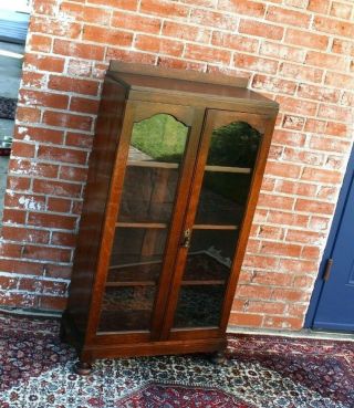 English Oak Arts & Crafts Two Glass Door Bookcase / Display Cabinet 3
