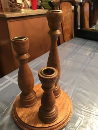 Vintage Wooden Three Stick Candlestick Holder With Wioden Base