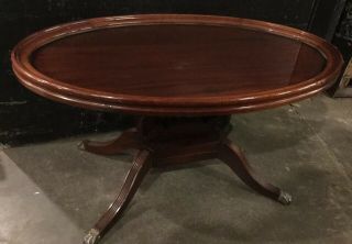 Antique Quality Mahogany Lyre Base Coffee Tea Table With Glass Tray Top A