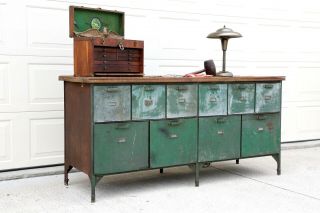 Antique Store Counter Kitchen Island Workbench Green Metal Table Wood Cabinet