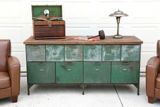 Antique Store Counter Kitchen Island Workbench green metal table wood cabinet 2