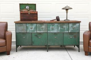 Antique Store Counter Kitchen Island Workbench green metal table wood cabinet 3