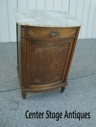 59952 Antique Oak Bowed Front Marble Top Storage Cabinet Chest Rare Find