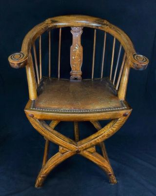 Empire Windsor Style Antique Oak Armchair Desk Chair With Mother Of Pearl Inset