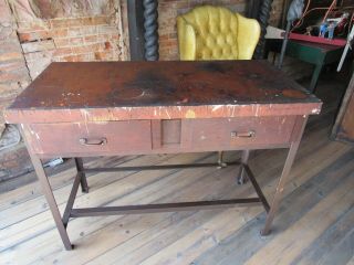 Vintage Antique Wood Metal Workbench,  Kitchen Island,  Desk,  Table W/ 2 - Drawers