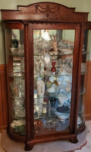 China Cabinet Curved Glass Solid Oak 4 Glass Shelves Rope Pilasters Circa 1910