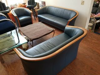 3x Pc Vtg Mcm Blue Leather Ekornes Sofa,  Loveseat,  & Chair Set