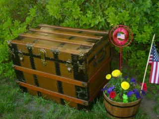 1880s Antique Canvas Steamer Trunk Flat Top Refinished Lock&key