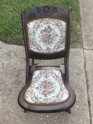 Antique Victorian Wood Folding Rocking Chair Floral Tapestry