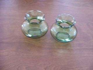 Vintage Green Glass Bud Vases Set Of 2 Retro Ruffled Edge Collectible