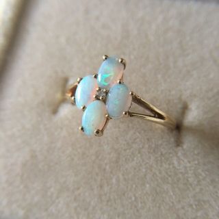 Vintage Solid 10k Yellow Gold Opal Diamond Ring 4 Natural Opals Clover Cluster