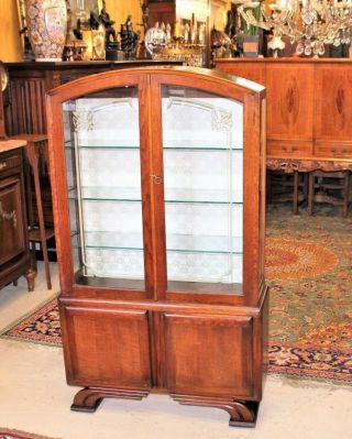 English Oak Wood Art Deco 2 Door Display Cabinet With 3 Glass Shelves & Key 3