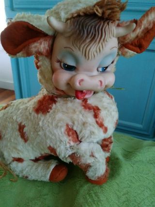 Vintage Rushton Rubber Face Plush Cow W/ Bell Still “Moos” Spotted Brown & White 2