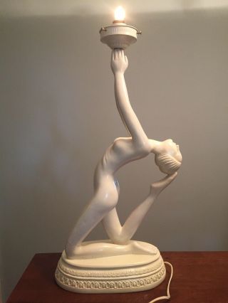 Vintage Art Deco Nude Woman Gymnast Dancer Table Black Resin Lamp Light Figural