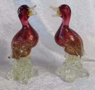 Vtg Murano Art Glass Archimede Seguso Pair Red Gold Aventurine Ducks Figurine