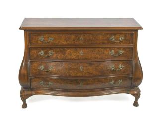 Antique Style Continental Burled Walnut Bombe Chest Of Drawers Commode