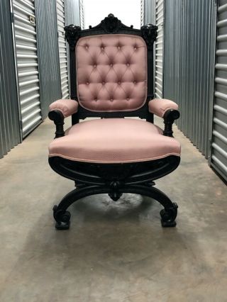 Antique Victorian Carved Parlor Armchair - Black With Rose Colored Fabric