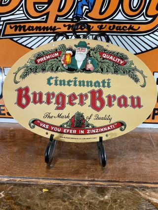 Large Vintage  Cincinnati Burger Brau  Porcelain Advertising Sign 16.  5x11