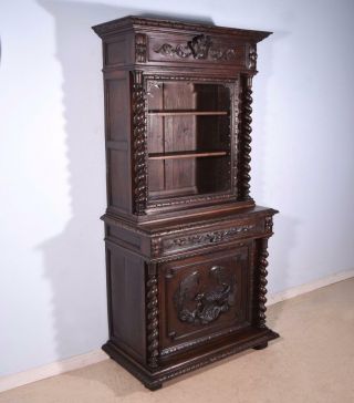 French Antique Renaissance Revival Hunting Cabinet Deux Corps/bookcase/buffet