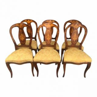 Set Of 6 Antique Italian Marquetry Inlaid Dining Chairs
