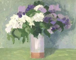 French Vintage Still Life Oil Painting - Lilac & White Flowers In Vase