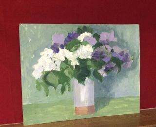 FRENCH VINTAGE STILL LIFE OIL PAINTING - LILAC & WHITE FLOWERS IN VASE 3