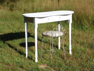 Vintage Kidney Shaped Desk Dressing Table Vanity Black Glass Art Deco Wire Chair 3