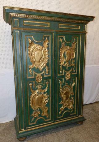 Antique Italian Carved Wood Green Paint And Gold Leaf Decorated Armoire Cabinet
