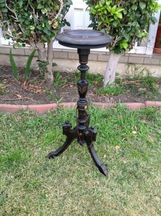 Vintage Calling Card Wooden Pedestal Table With Cherub Pewter Plate Embossed