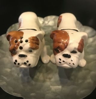Vintage Salt And Pepper Shakers Set American Bulldog Dog Puppy Brown And White