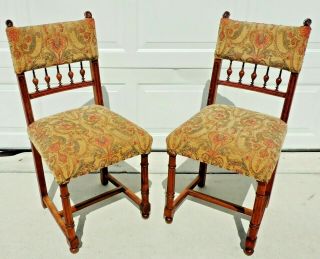 Pair Antique/vtg Mahogany Carved Turned Tapestry Dining Accent Side Chairs 5771