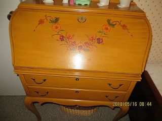 ANTIQUE DESK AND CHAIR SLANT FRONT DROP LID GOLD ANTIQUE FINISH TWO DRAWERS 3