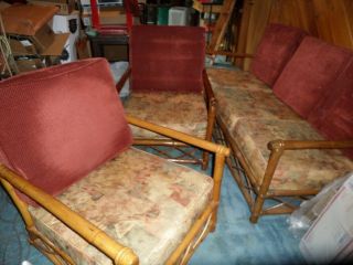 Vintage Bamboo Sunroom Sofa 2 Chairs And Tea Cart Bamboo And Rattan Mid - Century