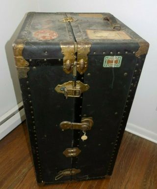 Antique Globetrotter Wardrobe Traveling Steamer Trunk Double Lock W/keys