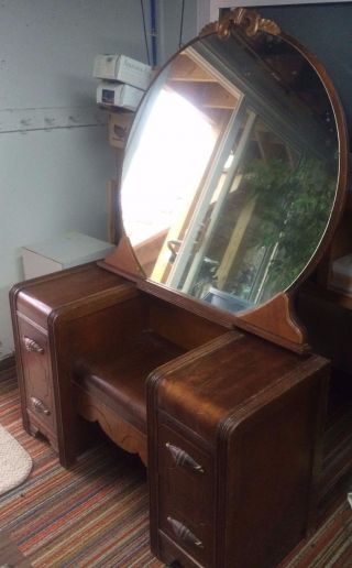 1950 Style Antique Dressing Table,  Round Mirror,  Solid Wood - Local