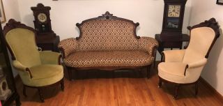 American Renaissance Revival Eastlake Parlor Set Carved Head Accent Sofa Chairs