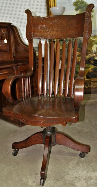 Antique American Carved Roll Top Office Desk Chair Swivels Circa 1895 2