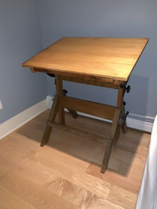 Vintage Hamilton Industrial Drafting Table - Oak,  Maple,  Cast Iron