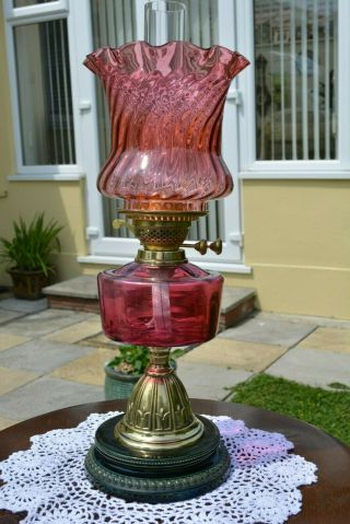 Victorian Twin Burner Oil Lamp Cranberry Font And Later Shade U/k Buyers Only