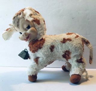 Vintage Rushton Rubber Face Plush Cow W/ Bell Still “moos” Spotted Brown & White