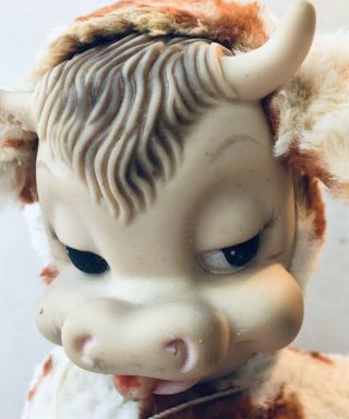 Vintage Rushton Rubber Face Plush Cow W/ Bell Still “Moos” Spotted Brown & White 3