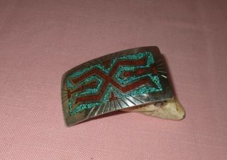 Vintage American Indian Navajo Silver Turquoise Coral Belt Buckle Thomas Singer
