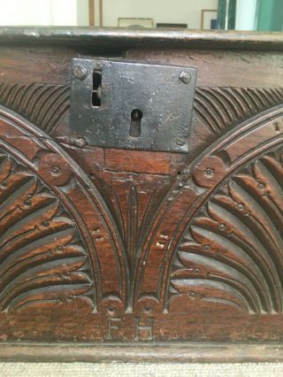 17th century carved oak bible box or deed box 74.  5cm wide,  FH owner initials 3