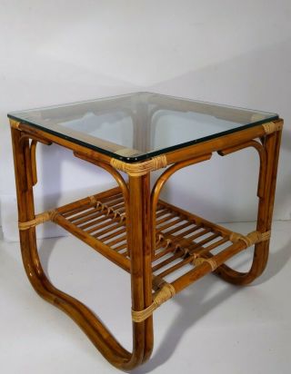 Vintage 2 - Tier Bamboo/cane Rattan End Table Glass Top - Mid Century Modern Boho