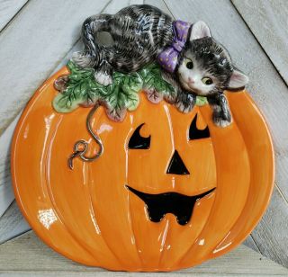 Fitz & Floyd Halloween Black Kitty Cat & Jack - O - Lantern Pumpkin Wall Plate Dish
